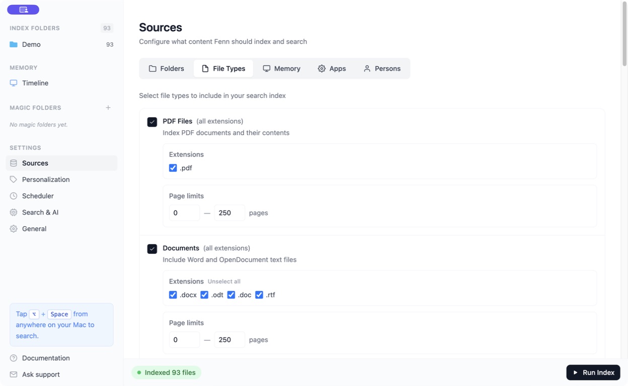 Sources File Types with PDF and document options selected
