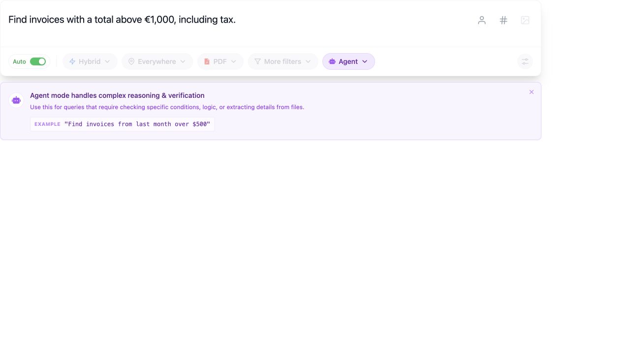Agent mode with Auto enabled and an invoice total condition ready to search