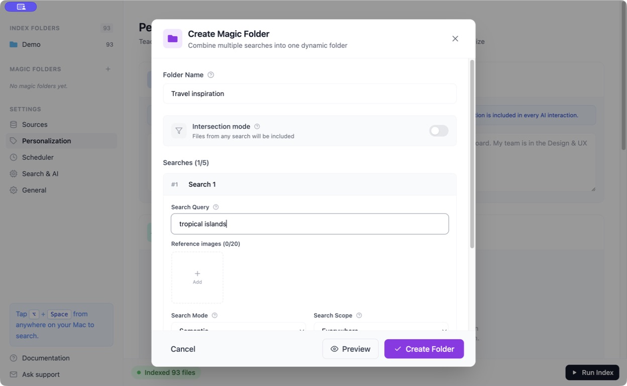 Create Magic Folder form named Travel inspiration with tropical islands as the search