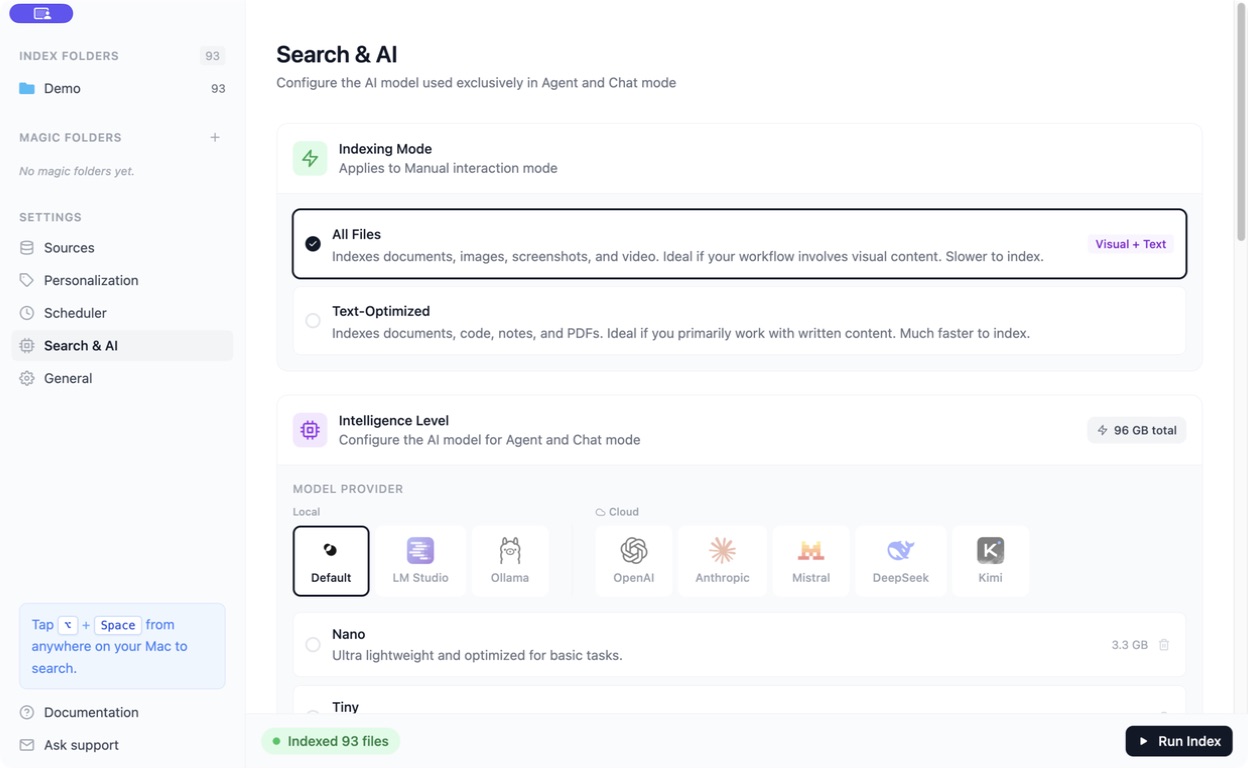 Search and AI showing All Files and Text-Optimized indexing choices