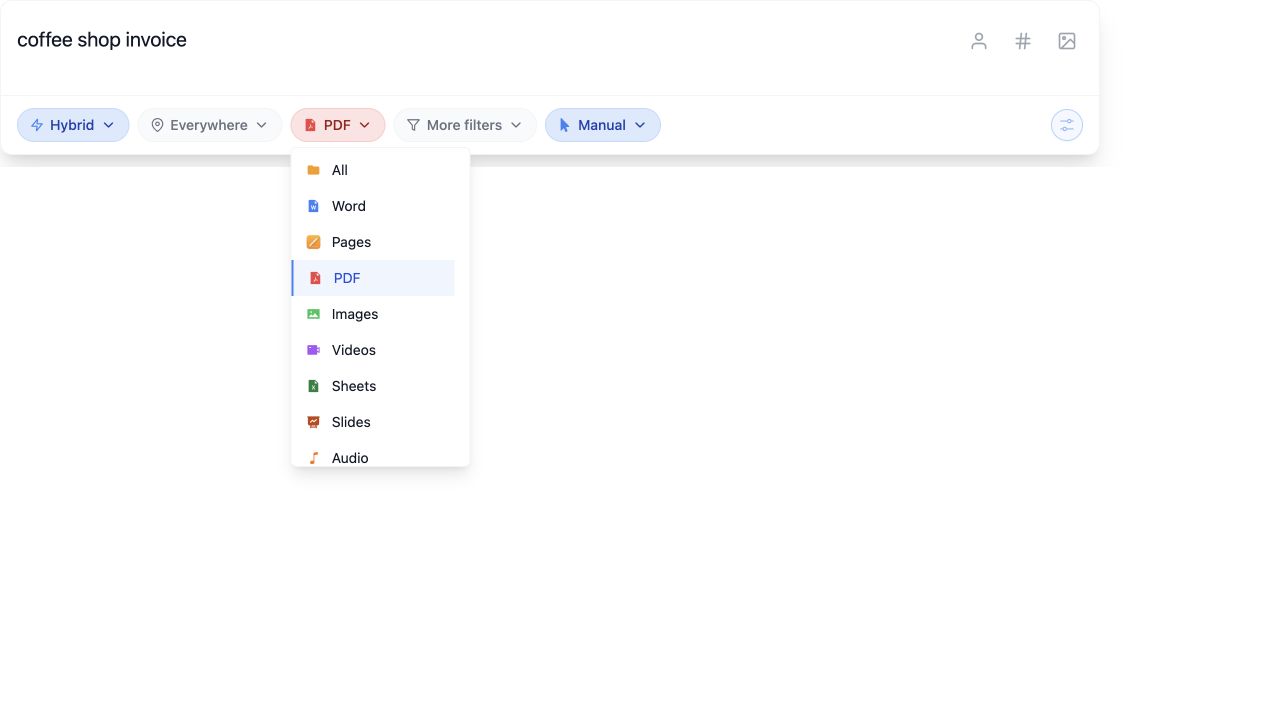 Fenn file type menu beneath the search box